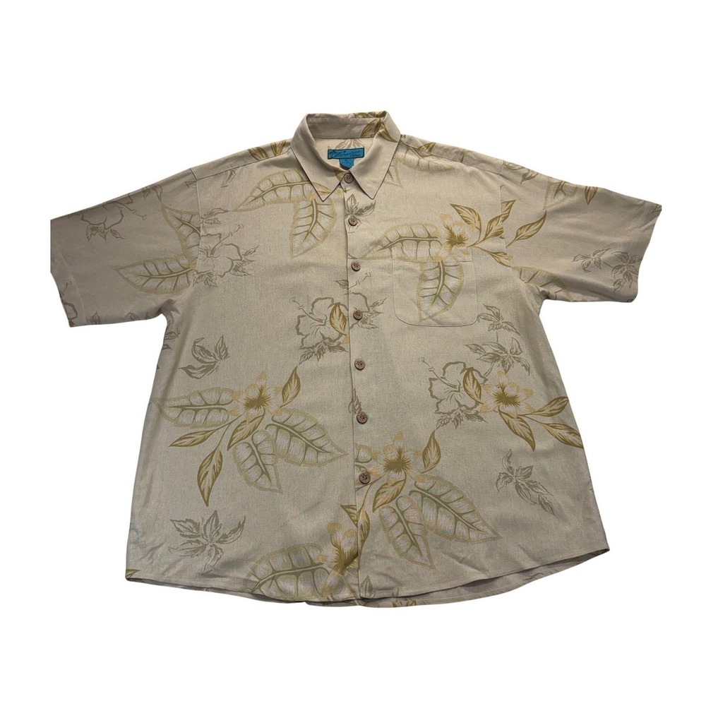 Paradise Blue Shirt Mens XL Beige Silk Cotton Tropical Floral Button Down‎ Aloha